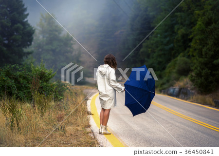 female in a raincoat and umbrella on the road female in a raincoat and umbrella on the road 36450841