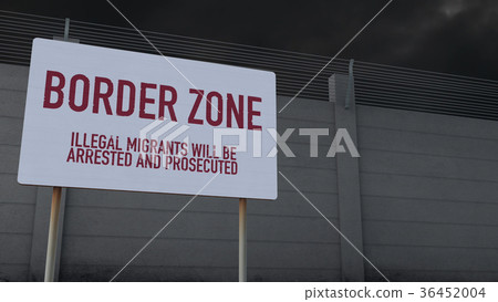 Massive Fence and Border Zone Sign under Clouds Massive Fence and Border Zone Sign under Clouds 36452004