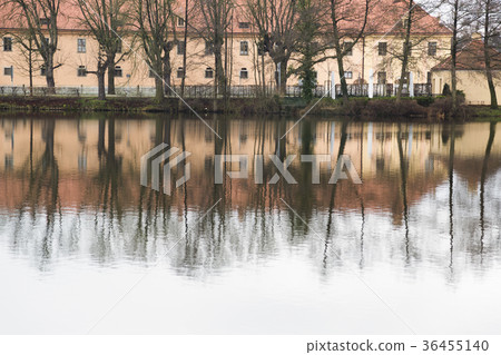 Building and winter trees reflected in calm lake 36455140
