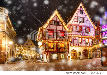 Christmas street at night in Colmar, Alsace Christmas street at night in Colmar, Alsace 36456313