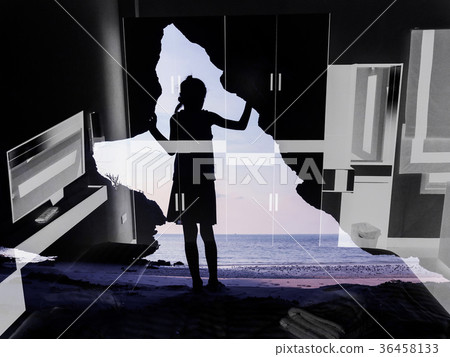Girl standing in front of the cave with bedroom Girl standing in front of the cave with bedroom 36458133