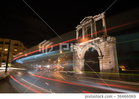 Night view Arch of Hadrian that leads to the Night view Arch of Hadrian that leads to the 36466069