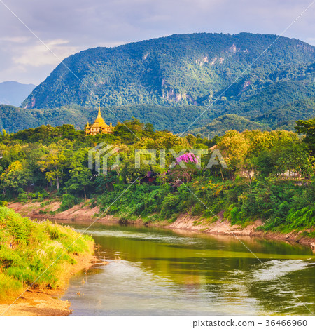 View of the river, temple and mountains. Laos View of the river, temple and mountains. Laos 36466960
