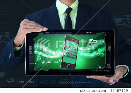 Man showing Smart phone with chain, safety concept Man showing Smart phone with chain, safety concept 36467129