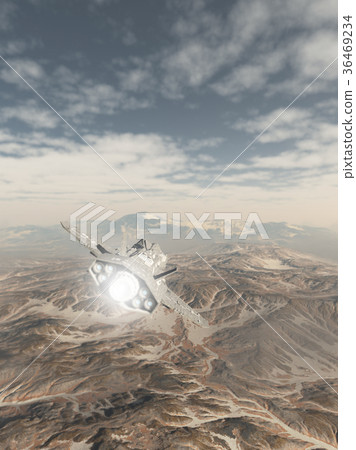 Spaceship Flying over a Snowy Mountain Landscape 36469234