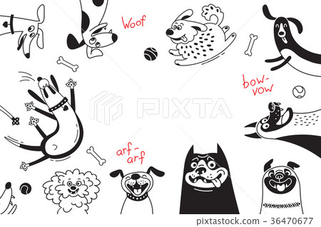 Card with joyful dogs and happy puppies. Vector Card with joyful dogs and happy puppies. Vector 36470677