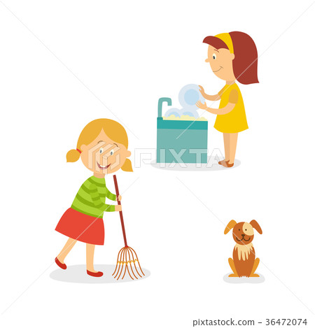 vector flat kids doing household chores set vector flat kids doing household chores set 36472074