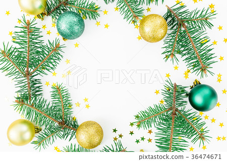 Christmas frame of winter trees and golden balls 36474671