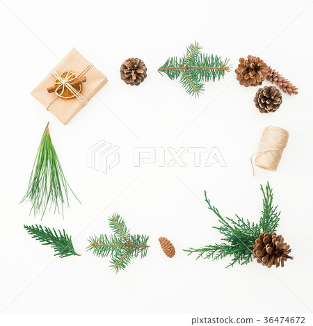 Christmas frame made of gift, branches of trees 36474672