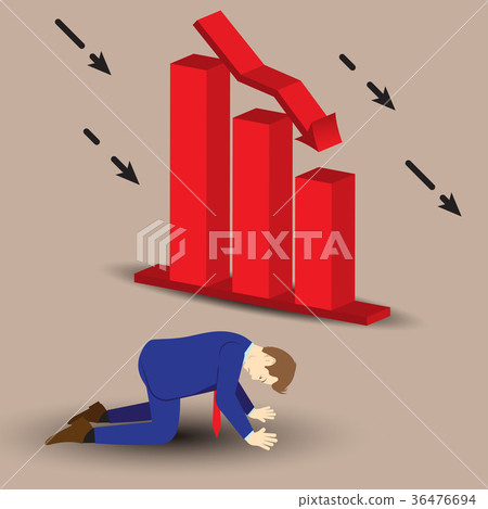 Businessman Kneeling Beside Declining Bar Graph 36476694