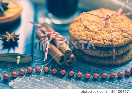 Cosy winter still-life and window. Xmas background 36480477