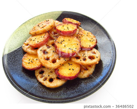 Delicious sweet and sour sauce with lotus root and Satsuma mochi Delicious sweet and sour sauce with lotus root and Satsuma mochi 36486502