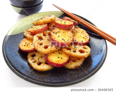 Delicious sweet and sour sauce with lotus root and Satsuma mochi Delicious sweet and sour sauce with lotus root and Satsuma mochi 36486565