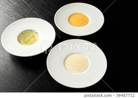 Three kinds of soup Vichyssoise, Consomme, potage 36487712