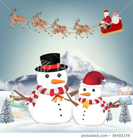 snowman and santa claus in winter village 36488159