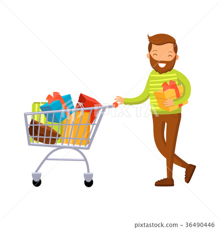 Smiling man with shopping cart full of purchases Smiling man with shopping cart full of purchases 36490446
