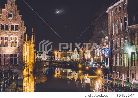 Night Ghent Canal in Old Town Night Ghent Canal in Old Town 36493544