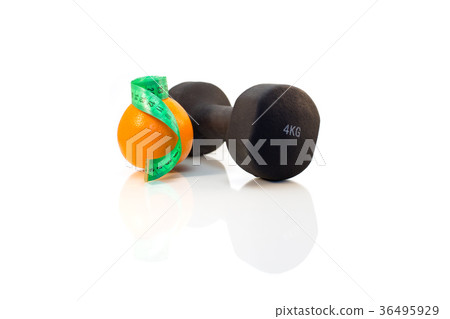 Dumbbell, orange and measuring tape Dumbbell, orange and measuring tape 36495929