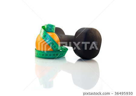 Dumbbell, orange and measuring tape 36495930
