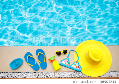 Pool and beach items flat lay. Summer vacation. 36501243