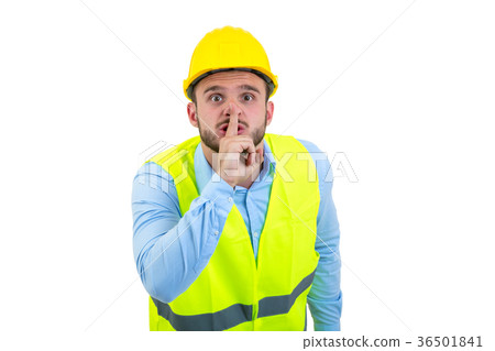 Workman making silence gesture over isolated white 36501841