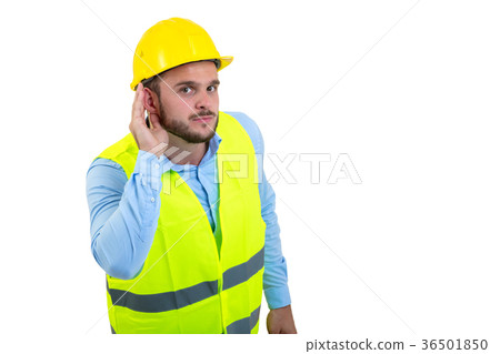 Workman making silence gesture over isolated white 36501850