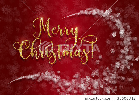 Greeting card with golden text on a red background. Glitter phrase Merry Christmas 36506312