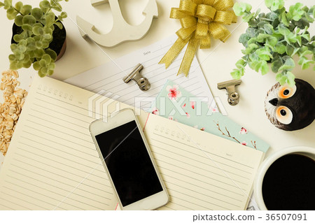 top view vintage of ribbin bow, coffee, phone 36507091