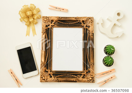 top view vintage with mock up frame photo, cactus 36507098