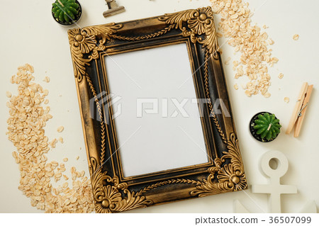 top view vintage with mock up frame photo, cactus 36507099