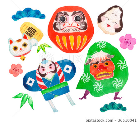 New year lucky charm set watercolor illustration New year lucky charm set watercolor illustration 36510041