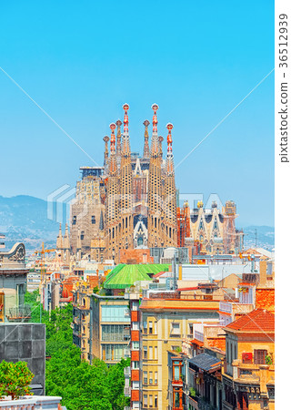 Basilica of La Sagrada Familia against blue sky. Basilica of La Sagrada Familia against blue sky. 36512939