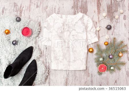 White blouse, shoes and  decorated fir branch 36515063