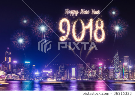 Happy new year 2018 firework over cityscape Happy new year 2018 firework over cityscape 36515323