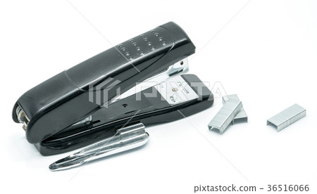 Black stapler and staples on white background 36516066