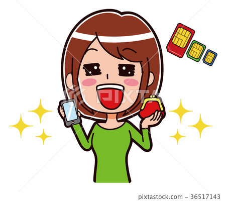 一名愉快的婦女的例證有西姆卡片的 一名愉快的婦女的例證有西姆卡片的 36517143