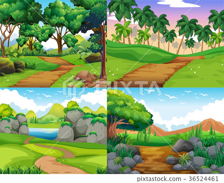 Four nature scenes with trail in the woods - Stock Illustration ...