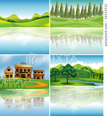 Four background scenes with reflections on river - Stock Illustration ...