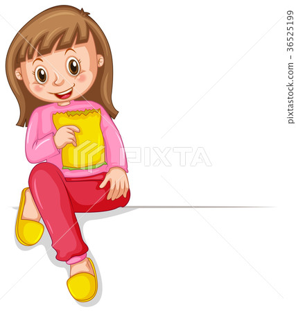 Happy girl with yellow bag of snack Happy girl with yellow bag of snack 36525199