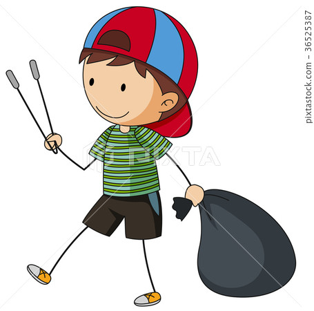 Boy with garbage bag and tongs 36525387