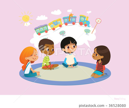 Girl telling fairy tale to other children sitting Girl telling fairy tale to other children sitting 36528080