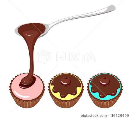 Liquid hot chocolate flows from spoon to capcake. Liquid hot chocolate flows from spoon to capcake. 36529499