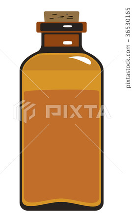 Medical bottle of dark glass with cork stopper. 36530165