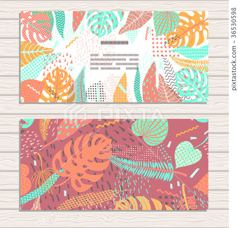 Set of cards on tropical jungle leaves theme. Set of cards on tropical jungle leaves theme. 36530598