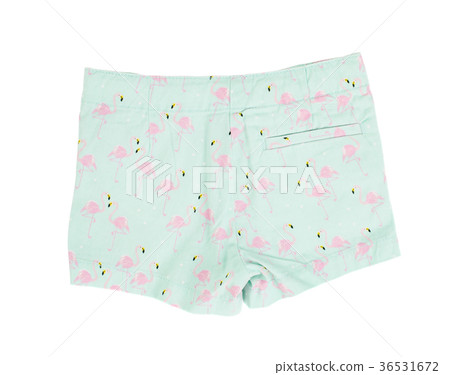 Green shorts with flamingo pattern. Green shorts with flamingo pattern. 36531672
