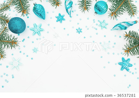 Christmas frame of fir branch and blue decoration 36537281