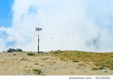 A signpost direction white sign arrow near  36538080