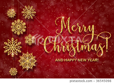 Greeting card with golden text on a red background. Glitter Merry Christmas and happy new year Greeting card with golden text on a red background. Glitter Merry Christmas and happy new year 36545098