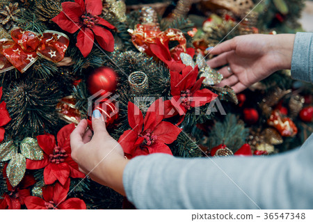 Closeup view of hands decorating Christmas tree 36547348