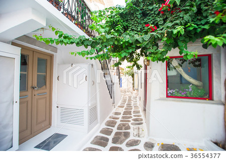 The narrow streets of the island with blue 36554377